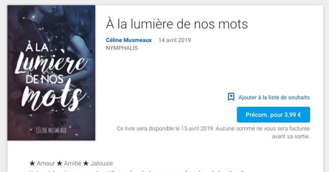 A la lumière de nos mots est disponible en précommande sur :
- Amazon : amzn.to/2B8VkBi (hors abo kindle)
- Google Play :  bit.ly/2sYhYaZ
- Kobo : bit.ly/2DLRIXJ

#book #bookstagram #livre #youngadult #bookaddict #livrestagram #instabook #instalivre