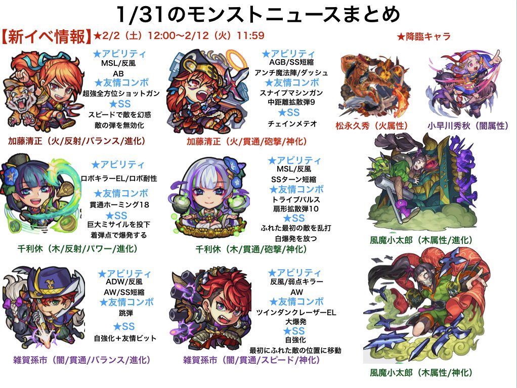 とんぬん 1 31のモンストニュースまとめ 新イベント 戦国風雲絵巻 巻ノ六 獣神化は サキュバス バレンタイン限定降臨が登場 木爆絶 サキミタマ が降臨 Ver13 3アップデート情報 モンストニュースurl T Co Rymp5e7eet