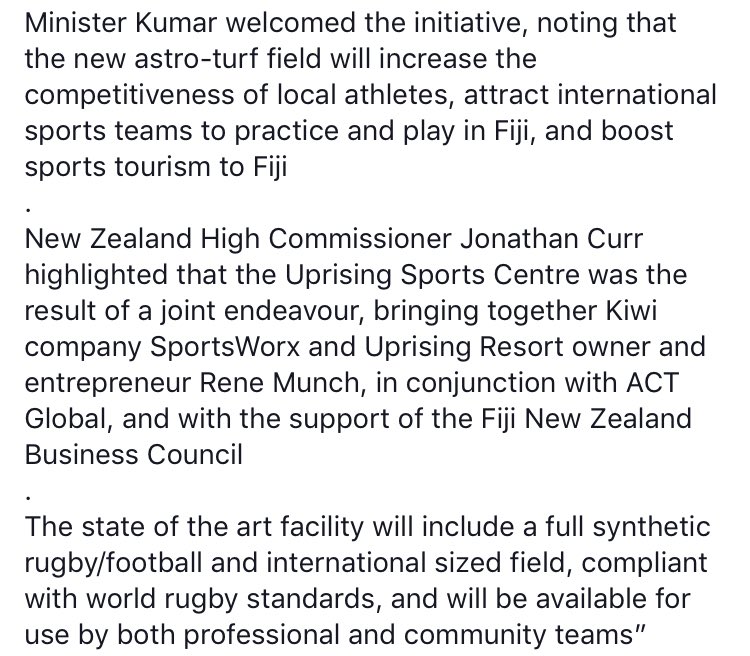 We are so excited to share this news with you 🏉⚽️🥅

A first for Fiji and the Pacific 🇫🇯❤️

We are delighted to be able to offer this world class facility to Fiji’s international and domestic #sportstourism markets #coming2019 🌏🌍🌎

#FijiNow #FijiHappy #FijiFit #Fiji