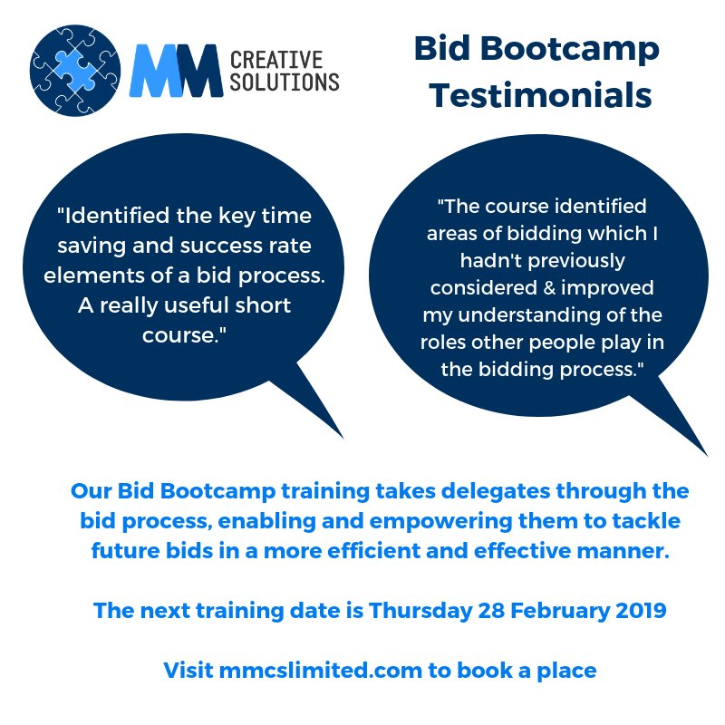 mmcslimited's tweet image. Last chance to take advantage of our 10% #Earlybird discount for our bid bootcamp, which will take place on Thurs 28 Feb 2019 in Warrington. bit.ly/2RPZtQV to view the syllabus and to book your place. Enter the code Earlybird at the checkout.
#bids #tenders #training