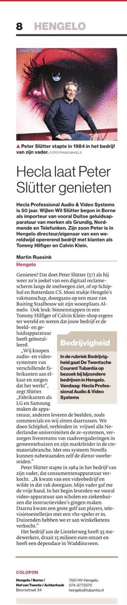 Zojuist gepubliceerd in de <a href="/tubantia/">Tubantia</a> (<a href="/TubantiaHengelo/">Tubantia Hengelo</a>): een persoonlijk interview met Peter Slütter over het 50 jaar bestaan van Hecla Professional.