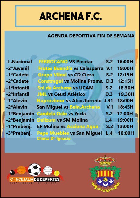DeportesArchena's tweet photo. Agenda deportiva fin de semana @Algaidafs ⚽️  @ArchenaSport ⚽️ @archenafc ⚽️ @UBArchena 🏀 #ArchenaEsDeporte ¡Suerte para todos nuestros deportistas! https://t.co/3DRpvqYk0p