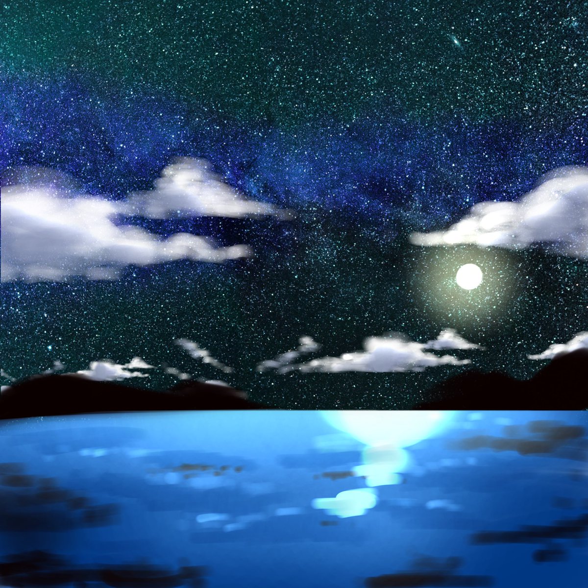 九曜 紗千 No Twitter 月夜の海 暇つぶしに描いてた背景画です イラスト 風景 夜 月 Ibispaint