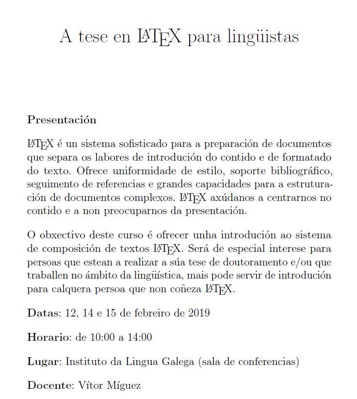 Os días 12, 14 e 15 de febreiro terá lugar no ILG un curso de #LaTeX para lingüistas. bit.ly/2Wtztxr