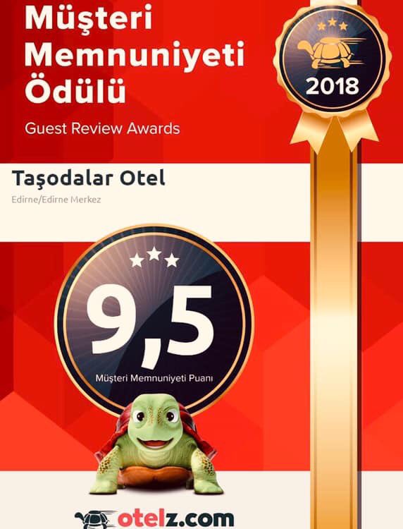 Otelz müşterilerimizin, Otelimizde konakladıktan sonra, Otelimize verdikleri müşteri memnuniyet puanı 10 üzerinden 9,5..
“İlkemiz müşteri memnuniyetidir” diyerek, Edirne Turizmine katkılarımız devam ediyor. Taşodalar Otel Selimiye Camii arkasında. tasodalar.com  Edirne