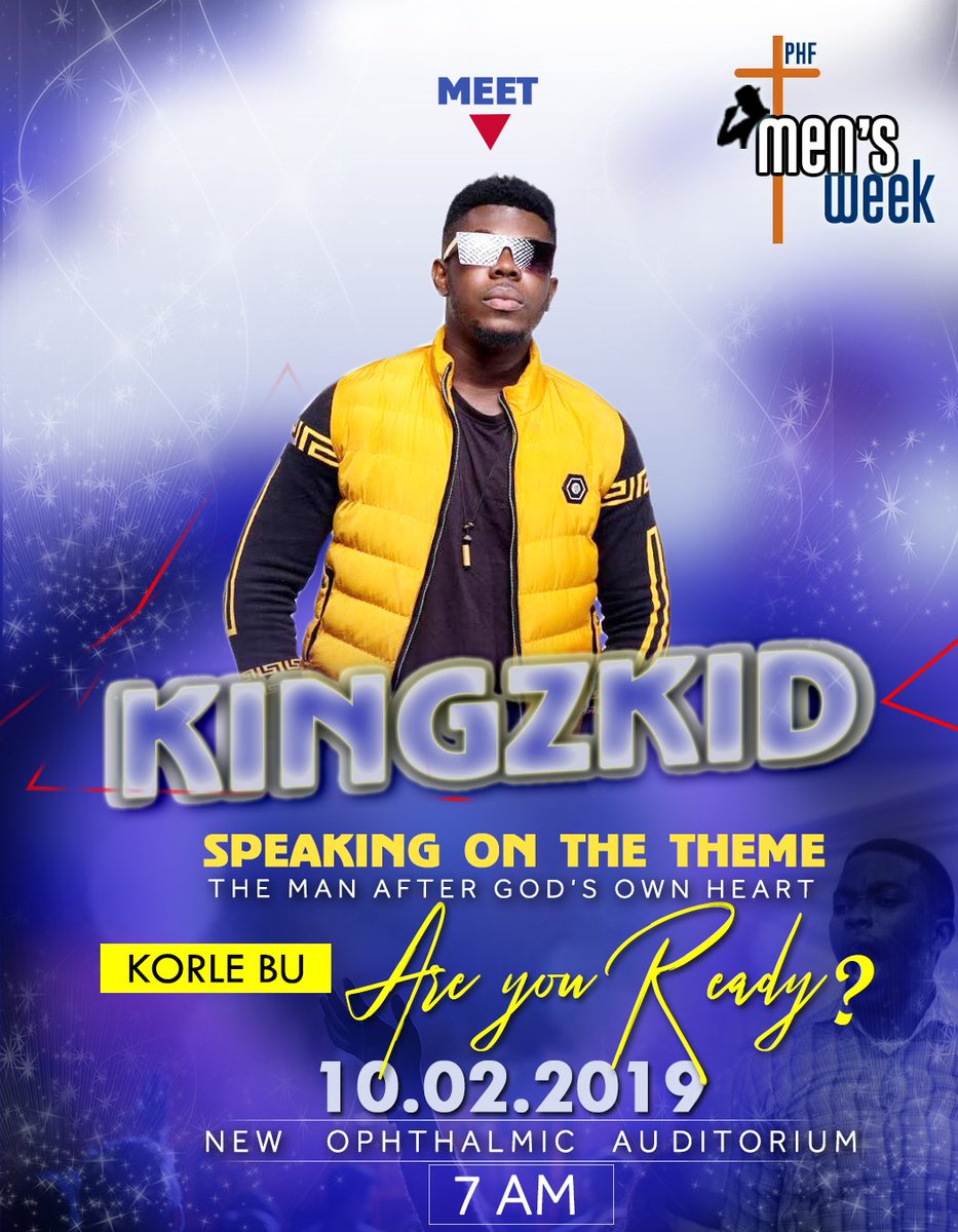 XtianEventsgh's tweet photo. Meet @IamKingzkid at the PHF Men's Week.
He speaks on the theme "The Man After God's own Heart"
New Ophthalmic Auditorium
Korlebu
#GHCE
#FebruaryEvents
#GODISNOTDEAD
#GHCE2 https://t.co/9CcIBfyxto