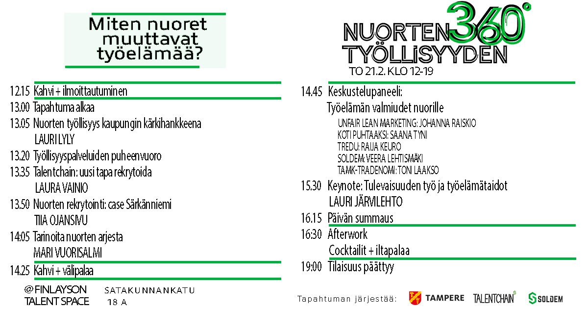 lauravainio's tweet photo. #NT360 - ilmoittaudu mukaan. Kaikki mitä halusit tietää nuorten rekrytoinnista ja työllistämisestä. Tampereella 21.2.2019 klo 12.15 alkaen.

Mukana tapahtumassa kaikki kovat Laurit ja Laurat: @LauriLyly, @laurijarvilehto ja tietenkin allekirjoittanut.

👉 https://t.co/g539zWMoZC https://t.co/4rUnemuj8R