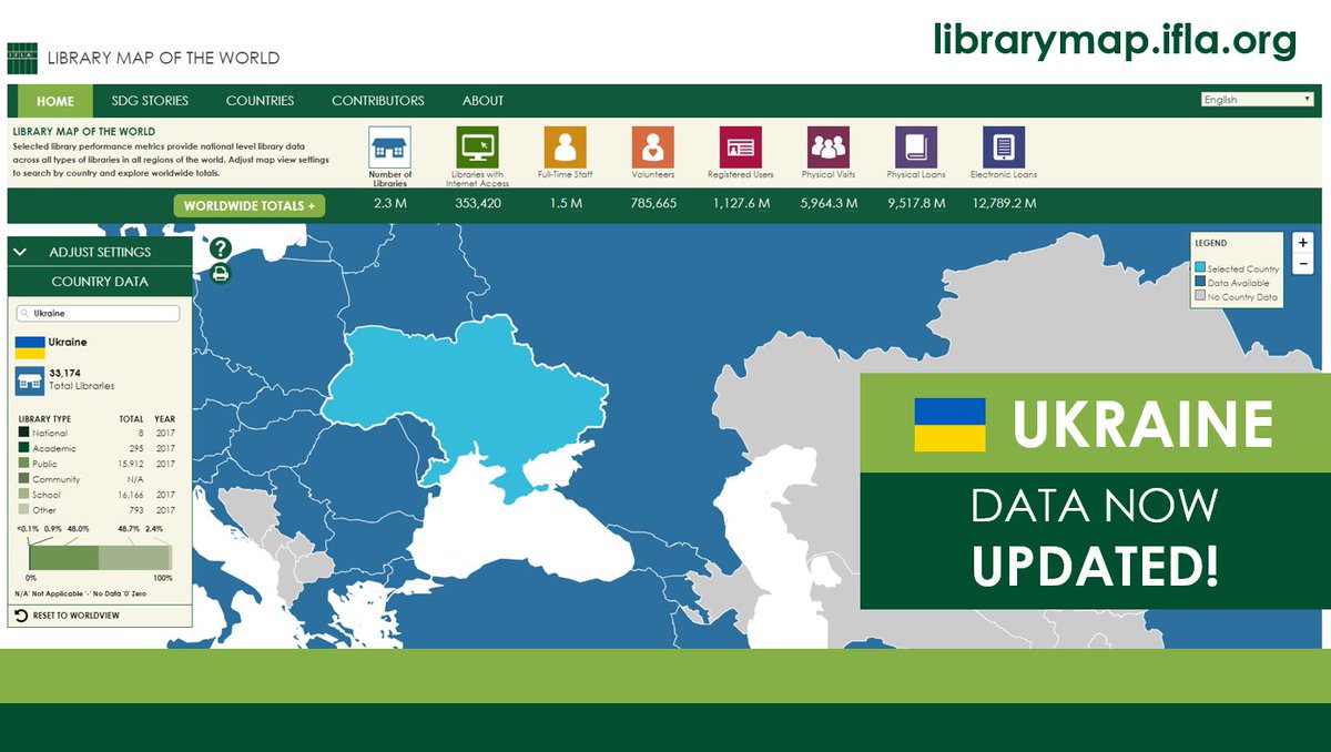 IFLA_LibraryMap's tweet image. 2017 #LibraryData from #libraries in #UKRAINE is now available in the @IFLA #WorldLibraryMap. Thank you @ukrainelibrary for this contribution! Check this data and much more at: bit.ly/2WsFAlC
