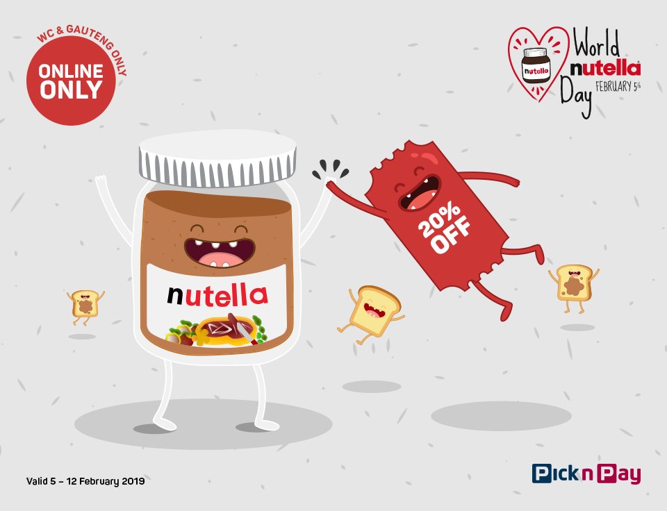 PicknPay's tweet photo. It’s @nutelladay! GET 20% OFF your jar of chocolatey joy, online only! Who would you share yours with? > https://t.co/j6qFmpdi6s #worldnutelladay https://t.co/SR4jy4ha5E
