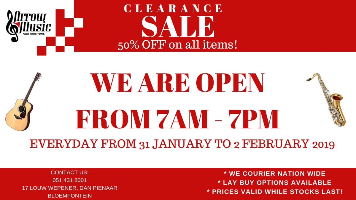 ArrowMusicZA's tweet photo. Pay-Day special trading hours Alert 🚨🚨
WE ARE OPEN FROM 7am - 7pm EVERYDAY from today, until Saturday ‼️
We’ve heard your pleas and we can’t wait to see you 😁
17 Louw Wepener, Dan Pienaar is where we’re at 📍
Not in Bloem? Don’t worry, WE COURIER NATIONWIDE 📬 #Music #Guitars https://t.co/MCVUq94Prh