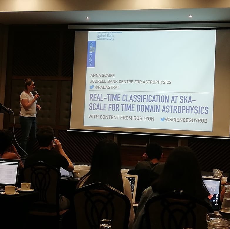 CSIR's tweet photo. Manchester University Prof. Anna Scaife, talking about the mapping of the universe in gravitational waves and plans to use pulsars (neutron stars) to detect the waves. #CHPC #chpcnithep2019 https://t.co/PxGqKtjJ0O