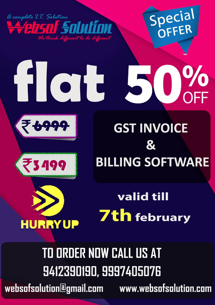 websofsolution's tweet image. software development company in meerut-
special offer on software companies in meerut.
We have started a special offer on 1st February to 7th February. Websof Solution is providing discount up to 50% * on GST invoice &amp;amp; billing software. 
call us at 09012 390 190 or 09997 405 076.