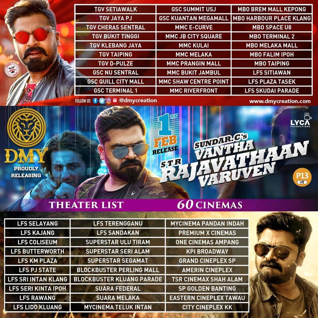 Ayngaran_offl's tweet image. #VanthaRajavathaanVaruven  #Malaysia Cinemas List
Book Your Tickets...
#VRVFromTomorrow 🎉💥🥁 #STR @LycaProductions #SundarCBonanza @khushsundar @akash_megha #Prabhu @MahatOfficial @CatherineTresa1 @hiphoptamizha @saregamaglobal @aditi1231