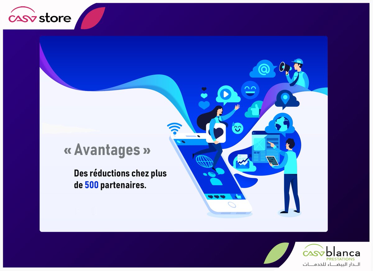 CasaStoreMa's tweet photo. Faites le plein d'avantages Avec l'application "Avantages" qui vous permet de profiter de réductions chez plus de 500 partenaires (Shopping, Loisirs, Vacances, Restaurants, Santé, Vie Pratique..)

#CasaStore #Application #Web #Mobile #Casablanca #Maroc https://t.co/anHzaUa33e