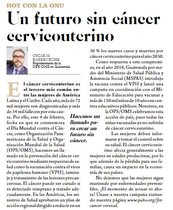 🗞️Hoy en <a href="/DiariodeCA/">Diario de Centro América</a> y en vísperas del Día Mundial contra el Cáncer (4 de febrero) el Representante de la <a href="/OPSGuate/">OPS/OMS Guatemala</a>  hace un llamado a crear un mundo sin #cancercervicouterino ¡El momento de actuar es ahora! 
Lee la columna del Dr Oscar Barreneche aquí ⤵️
bit.ly/2Uy9yTH