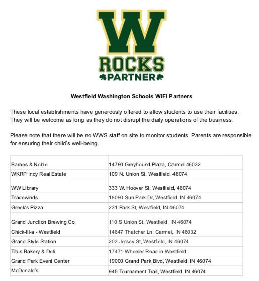 WMSshamrocks's tweet photo. Today 1/31 is an eLearning day. WMS students may access assignments and other information on Canvas. ALL assignments are due by 8 am TUES. Feb 5. WMS Media Ctr extended hours will be offered on Monday, Feb. 4 until 6 pm. Below is a list of community WiFi partners⬇️☘️💻 https://t.co/szz9ZVsjwV