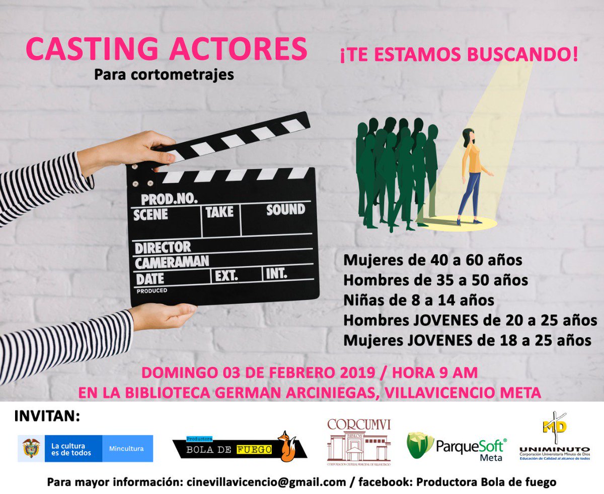 llanoalmundo's tweet image. El Ministerio de #Cultura, Productora Bola de Fuego, #Corcumvi, #ParqueSoft, y la #Uniminuto invitan a un casting para actores el día 3 de febrero de 2019 a las 9 a.m. en la Biblioteca German Arciniegas en #Villavicencio (Meta). bit.ly/2UsUpD1