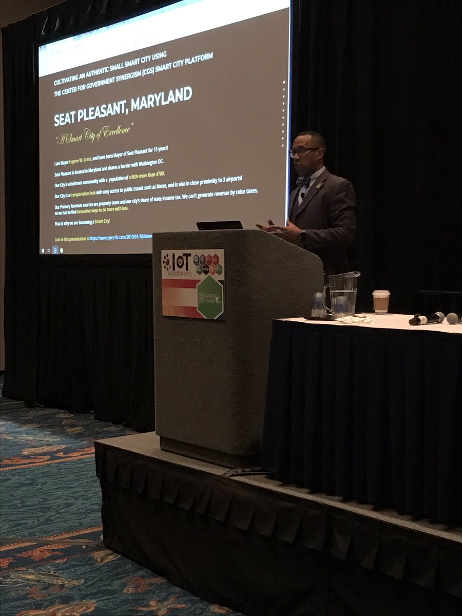 SeatPleasant1's tweet photo. @MayorGrant as a Featured Presenter at the 20th Annual IoT Evolution Expo in Ft. Lauderdale, Florida. The focus will be #SmartCities and #SeatPleasant’s Digital Transformation, alongside industry experts and leaders from Google, MasterCard &amp; more. #IoTEvolution #SmartCityEvent https://t.co/KHrTssBvEG