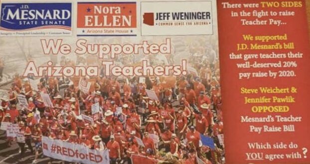 Remember this 2018 mailer when @JDMesnard claimed to be the #RedForEd champion in the LD 17 State Senate Race? Yeah... I do too. Now, at his very first opportunity to support AZ public schools, JD is sponsoring a bill providing tax cuts for the wealthy. #SB1143