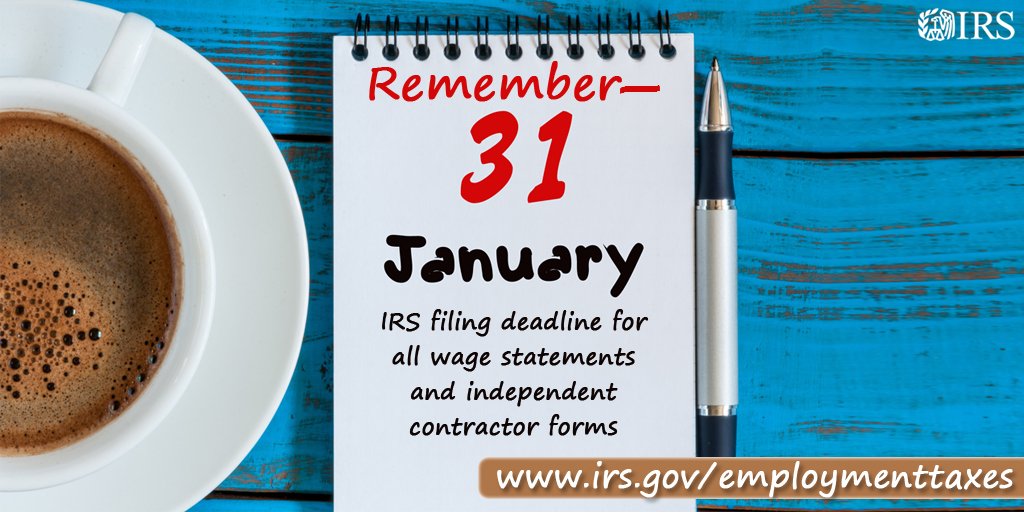 #IRS reminds employers of Jan. 31 deadline to file W-2, W-3 and 1099-MISC forms sent to employees, independent contractors: irs.gov/employmenttaxes