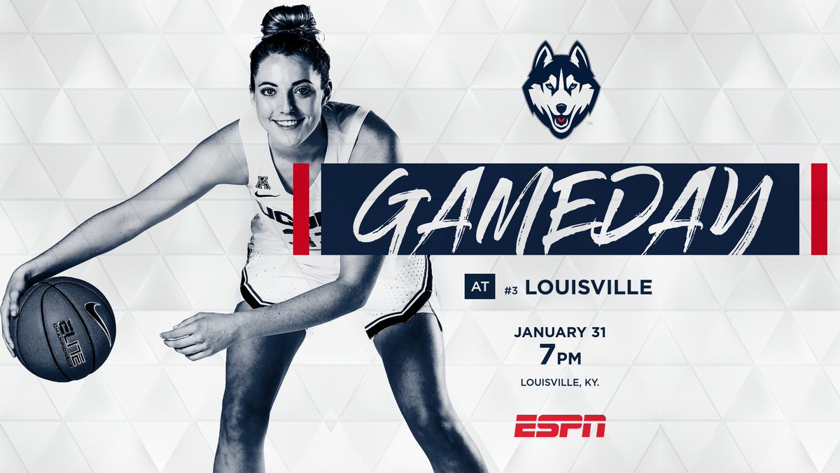 UConnWBB's tweet image. [ GAMEDAY ]

⏰ 7 PM
🆚 #3 Louisville
📍 Louisville, Ky. 
📺 ESPN
📻 UConn/IMG Radio Network
📈 uconnhuski.es/2GdqmLB  
#BleedBlue