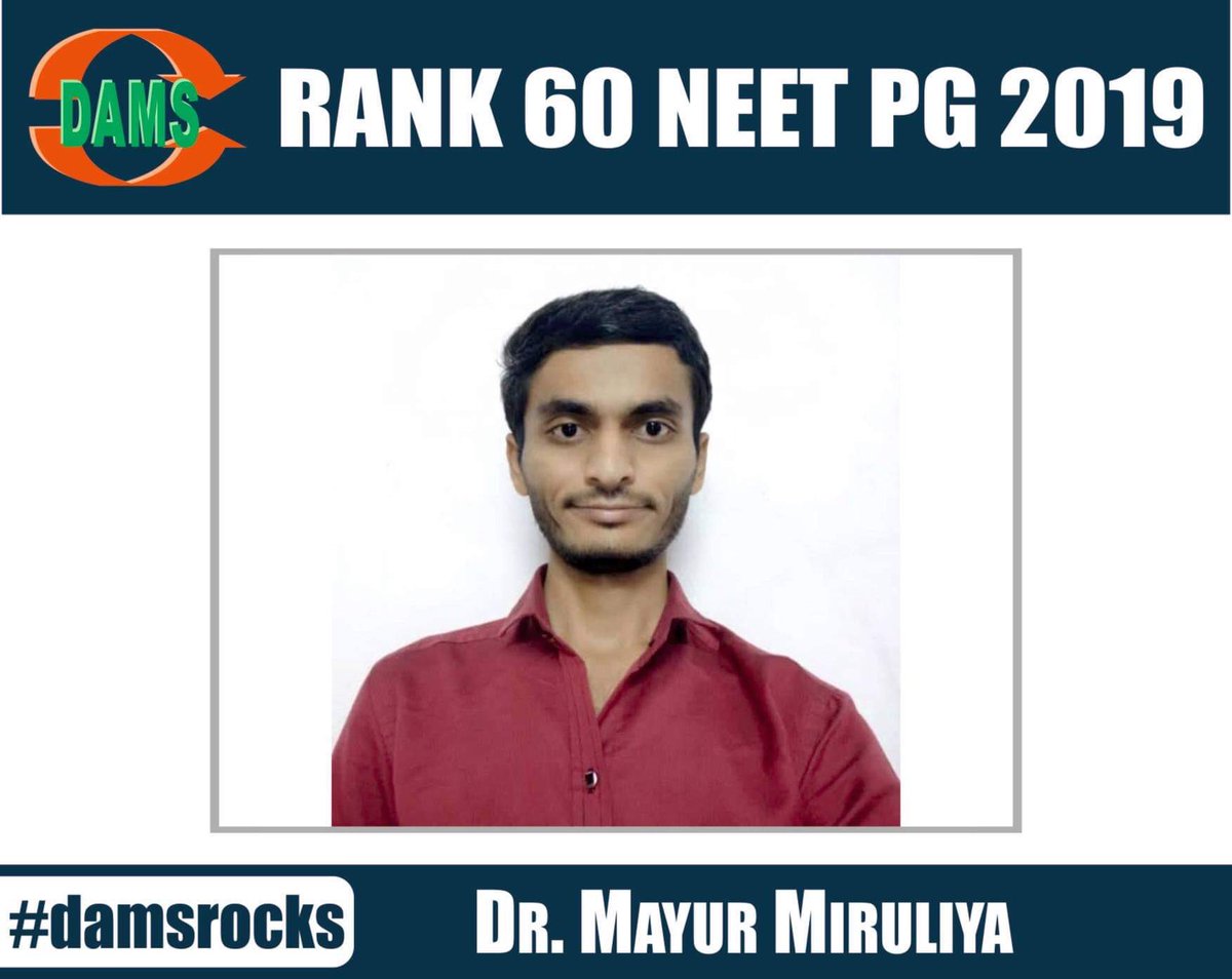 sumersethi's tweet photo. Congratulations #DAMS student Dr Mayur Miruliya #Rank60 #NEETPG #damsrocks https://t.co/zIzKpnPPn4