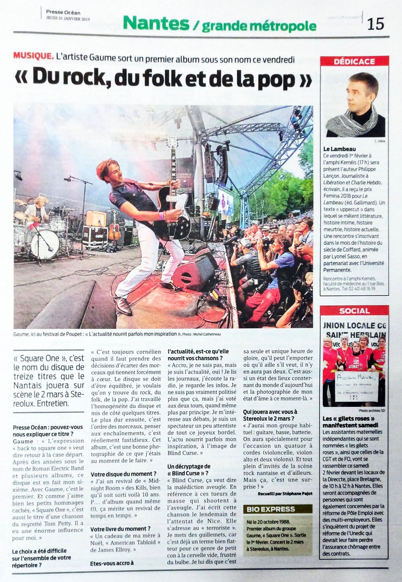 Pleine page dans <a href="/presseocean/">Presse Océan</a> aujourd'hui pour te prévenir que la sortie d'album c'est demain !! 
J'espère que t'as prévu un peu de temps pour aller voir ton disquaire le plus proche !
Sinon RDV LE 2 Mars à <a href="/Stereoluxnantes/">Stereolux / Scopitone</a> 
Merci <a href="/StephanePajot44/">Stéphane Pajot</a>