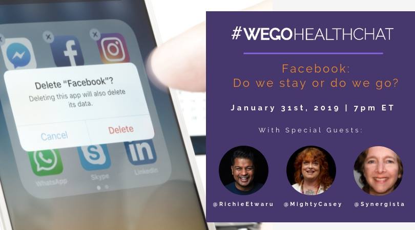 socialhealthnet's tweet photo. #WEGOHealthChat | You're Invited!

Join us TONIGHT @ 7pm ET as we discuss the use of Facebook in patient communities over the last year.

Special guests include @RichieEtwaru, @MightyCasey &amp; @Synergista https://t.co/s0gQAIjWFW