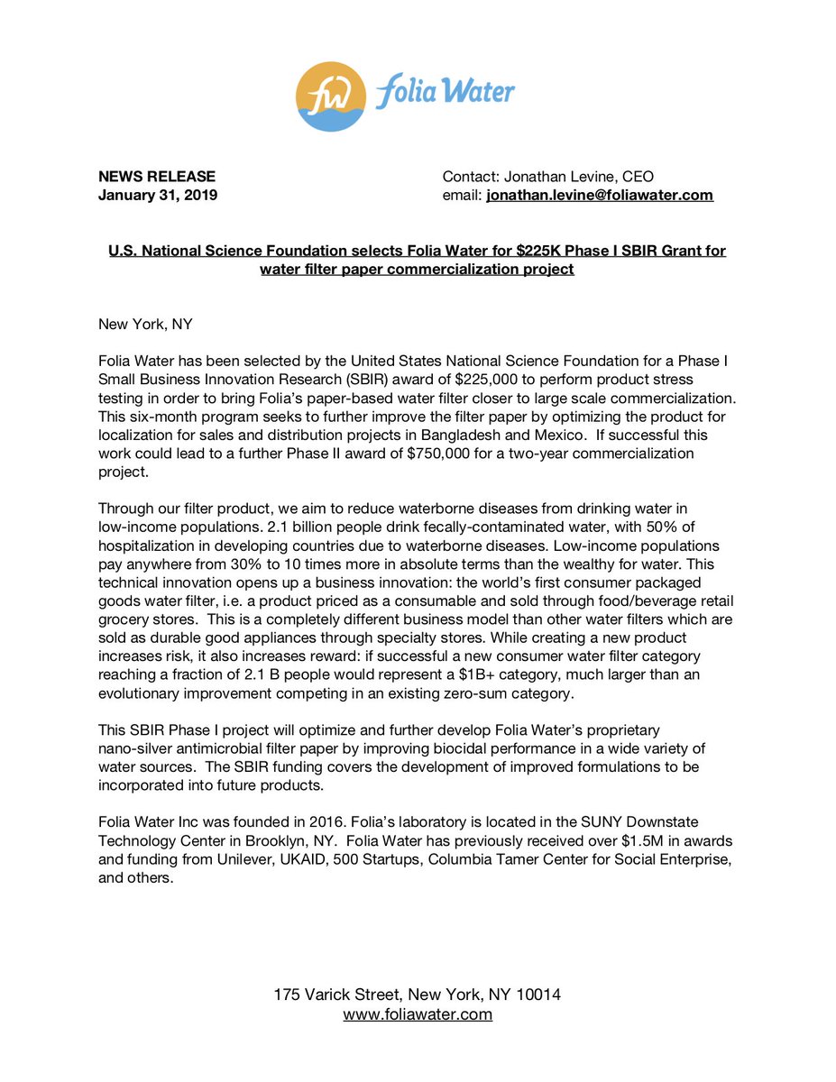 foliawater's tweet photo. Excited that @NSF is open again!  We just received our @NSFSBIR Phase 1 grant. #nsf #sbir https://t.co/huMdDxVTyY