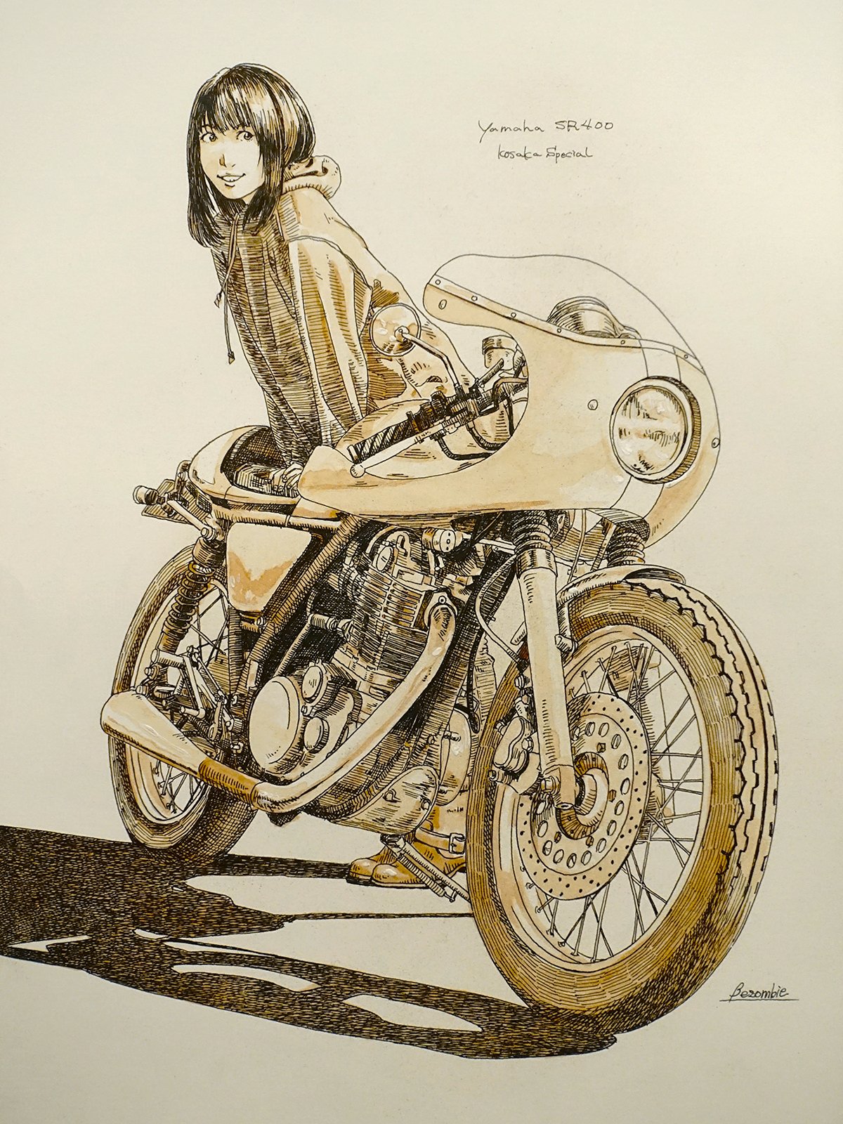 石本巧 Twitter પર ペンとコーヒーで Yamaha Sr400 を描きましたよ モデルはコサカダイキさん Mcuxjr の愛車と大河ちひろさん Chihiro Taiga19