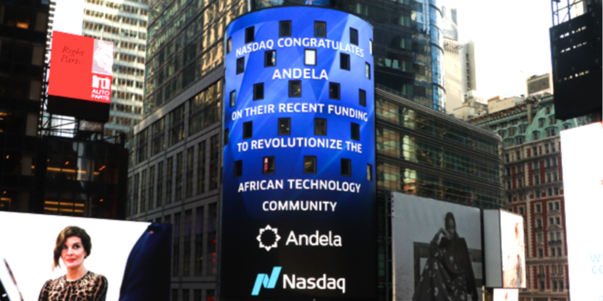 Andela's tweet photo. Andela was all over Times Square, NYC this week. Thanks to @Nasdaq for the shout-out, celebrating our $100M Series D funding announcement. Here's to the African tech revolution! 🥂 🎉 💯

#andela #thisisandela #Nasdaq #NYCtech #SeriesD https://t.co/iwGcQm22fm