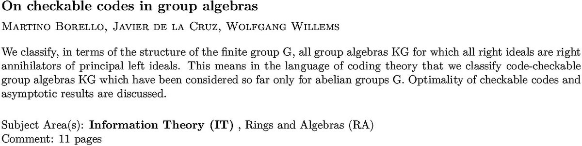 arXiv_cs_IT's tweet photo. https://t.co/aTWQThq3zW
M Borello et. al.
On checkable codes in group algebras https://t.co/i6KjEdvufD
