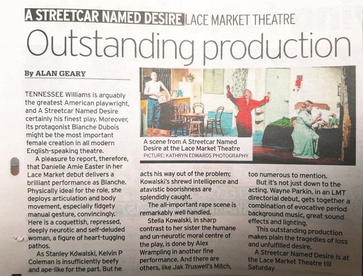 LMTheatre's tweet photo. "Danielle Easter in her Lace Market debut delivers a brilliant performance as Blanche... This outstanding production makes plain the tragedies of loss and unfulfilled desire." – Alan Geary's review of our sell-out production of #AStreetcarNamedDesire in today's @NottinghamPost https://t.co/oifVRrUoIb