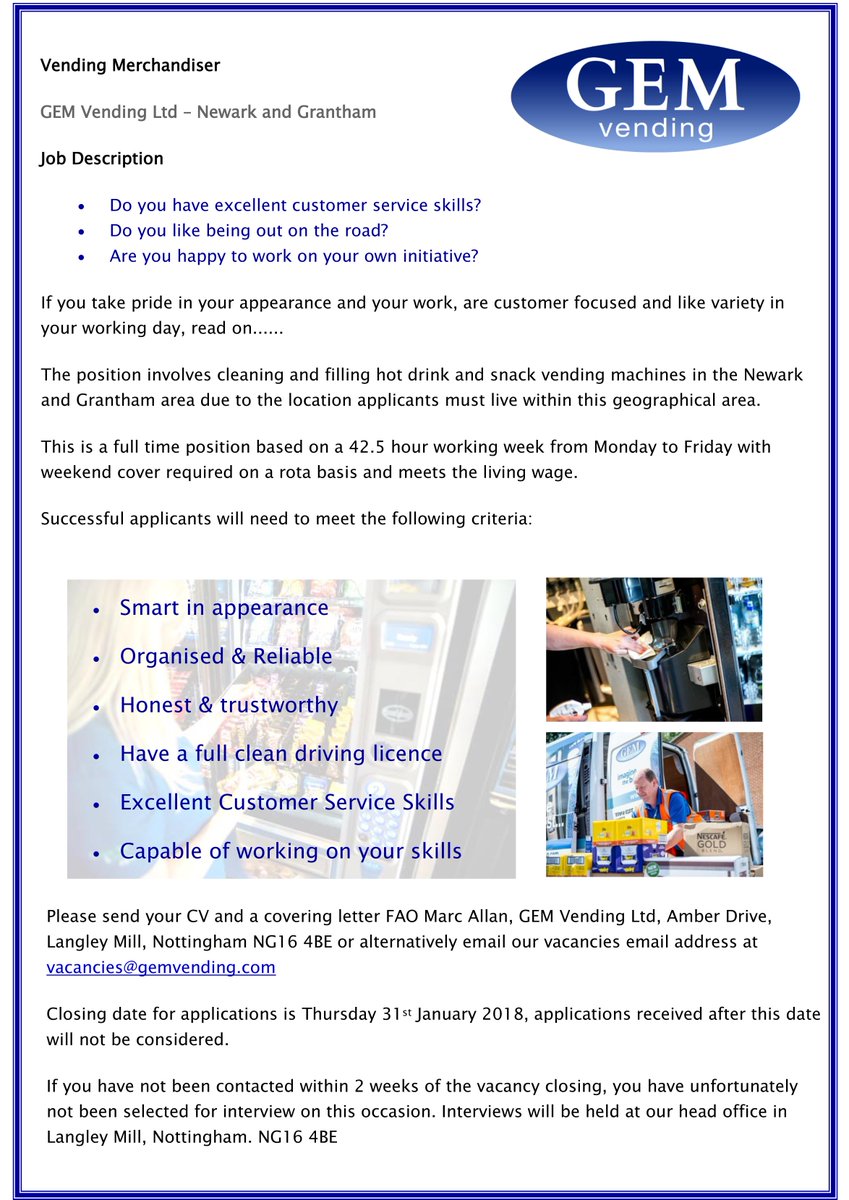 We have a great opportunity for you to join our team here at GEM. We have a vacancy for a full time vending merchandiser #vending #joinus  #vacancy