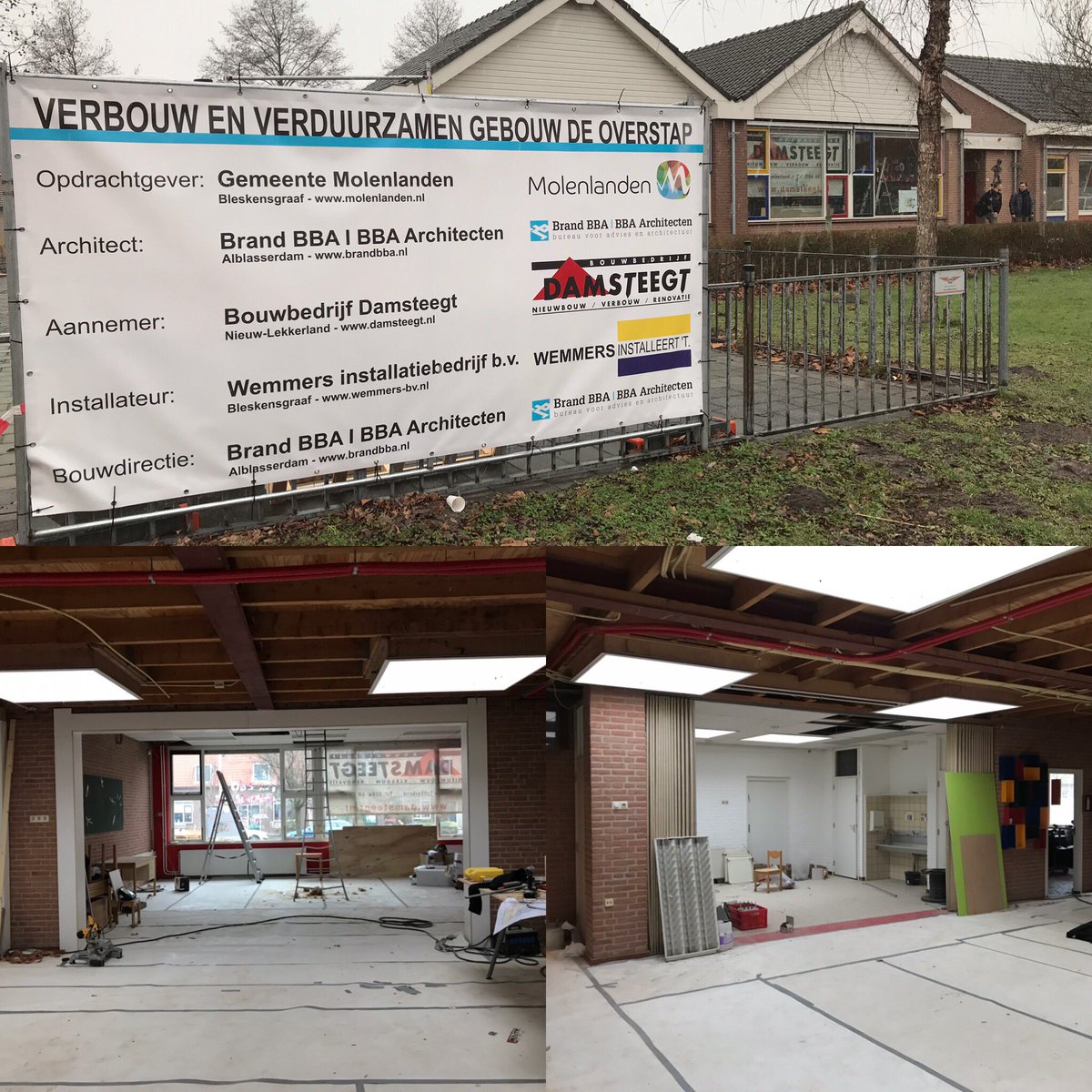 De verbouw en verduurzaming van het voormalige schoolgebouw De Overstap in Brandwijk is in volle gang. In opdracht van de gemeente Molenlanden <a href="/Molenlanden_Gem/">Gemeente Molenlanden</a>  verzorgen wij het ontwerp, benodigde vergunningen en de bouwdirectie. Transformatie naar maatschappelijk gebouw!