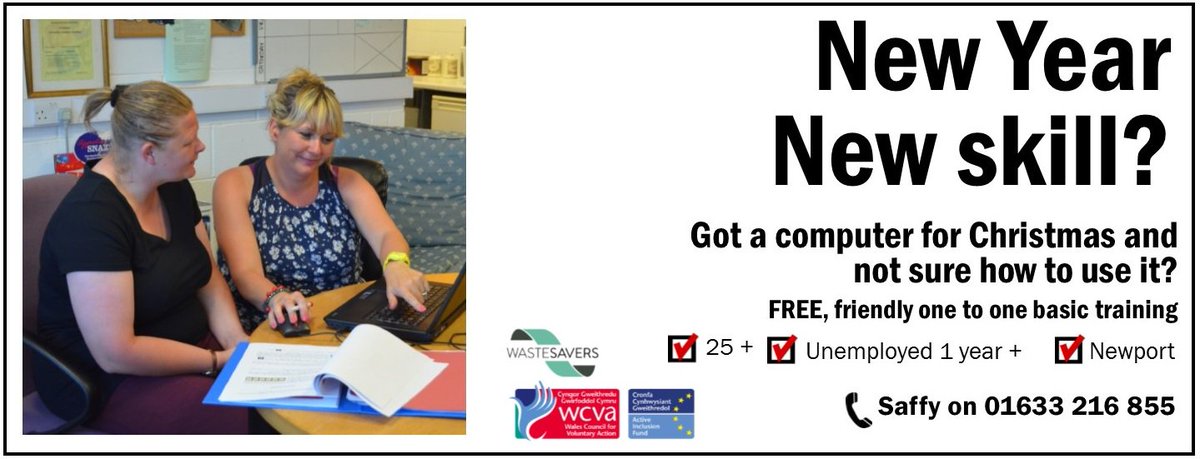WastesavrsReuse's tweet photo. New Year, new you, new skill?? Know of anyone out of work that could do with some #free help with their IT? Get in touch today! #Newport https://t.co/1RH5j2VRZ5