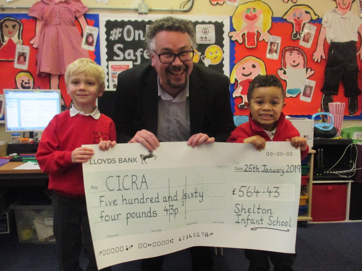 sheltoninfants's tweet photo. Many thanks to all families who made a donation following the children's marvellous Christmas concerts. We raised an amazing £564.43 for CICRA and were proud to present a cheque to Nick Posford from the charity #nickposford #CICRA #CICRAcharity #marvellous https://t.co/Lwywrxwvdu