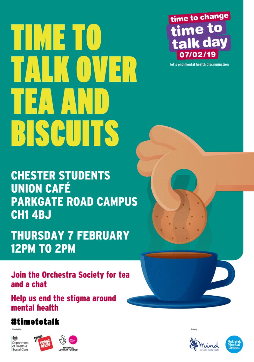 UOCorchestra's tweet image. It’s time for change! Join Orchestra in the @ChesterSU café for tea (or a froyo!) and a chat on the 7th February to help break the stigma surrounding mental health! #UniversiTEA #TimetoTalk #itsokaytonotbeokay #MentalHealthMatters