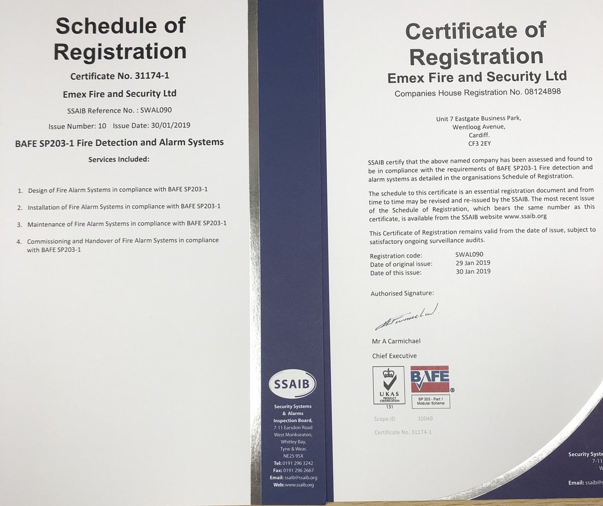 emexfs's tweet photo. I’m pleased to announce that after a lot of hard work by our operations manager Gavin Jones we are now BAFE SP 203-1 accredited for design, install, maintenance and commissioning of fire alarms. @BAFEFIRE @theSSAIB @HighadmitProj https://t.co/AYCFuIoOnY