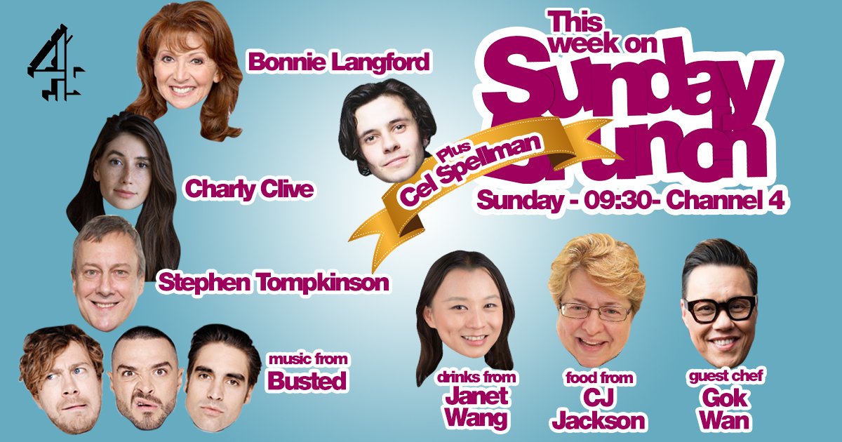 SundayBrunchC4's tweet photo. Who's excited for tomorrow!? 😁 @bonnie_langford, @CharlyClive, @celspellman & @StephenTompki19 join us! Plus GUEST CHEF @therealgokwan! We have drinks from @JZWinepeek, food from #CJJackson and LIVE MUSIC from the amazing @Busted! 🎸 https://t.co/xstgBJUWeM