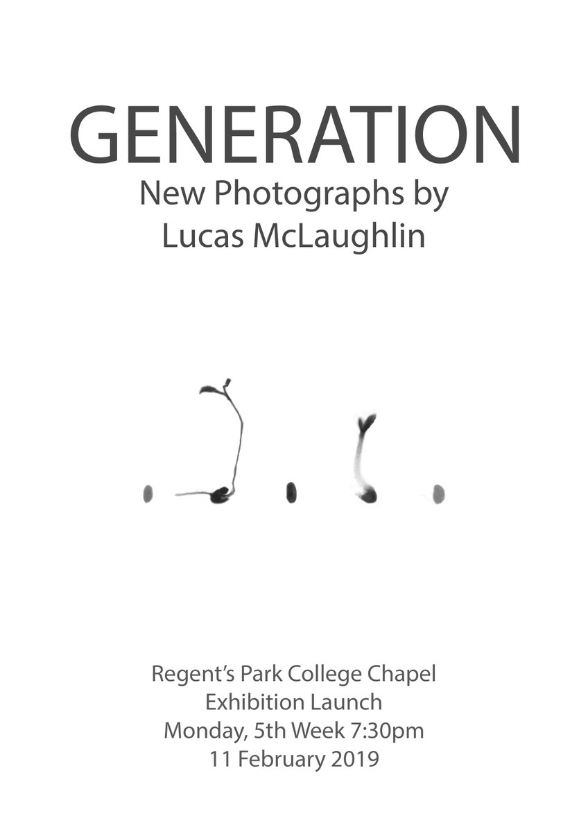 Join alumnus and local artist <a href="/LucasMcLaughlin/">Lucas McLaughlin</a> for the launch of his new photographic exhibition: 'Generation'. Monday 11 Feb, 7:30pm, in the Chapel <a href="/RegentsOx/">Regent's Park College</a> (Pusey Street, OX1 2LB). For more on Lucas' work, visit his website: lucasmclaughlin.com.