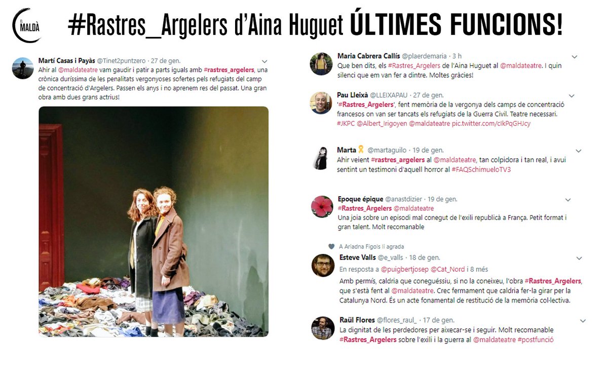 Continuen sortint comentaris magnífics sobre #Rastres_Argelers!! Recordeu que és l'última setmana, només 4 funcions!! ⚡️Avui a les 20.30hh
Ara ja sí, improrrogable!
🎟elmalda.cat/rastres-argele…  #memòriahistòrica #femmemòria #refugiats #exili