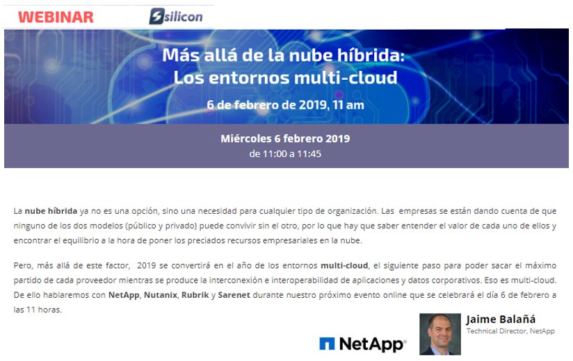 NetApp_es's tweet photo. ¡La nube híbrida ya no es una opción! ☁ No te pierdas a @jbalana en el #webinar “Más Allá de la nube Híbrida: Los entornos multicloud” que tendrá lugar el próximo miércoles. Ya están abiertas las inscripciones: https://t.co/YXK1gyDdhk https://t.co/DGNZ8oFJi1