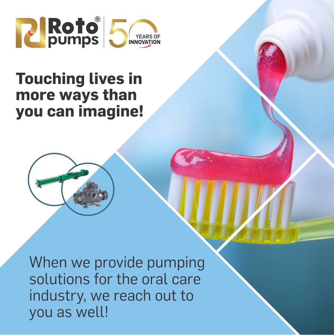 Rotopump's tweet photo. From the toothpaste you wake up to, to the mouthwash that you use daily, we play a pivotal role in delivering oral care to you.
#Roto@50 #50andCounting #WeAreRoto #MovingFluidsWithRoto #MoveWithRoto #Rotopumps #Roto #Roto50years #PCP #ProgressiveCavityPumps https://t.co/1GBADVnosG