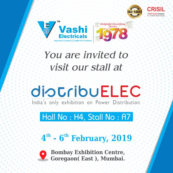 vashiisl's tweet image. We invite you to the Vashi Electricals Stall number A7 (Hall Number: H4) at DistribuELEC Exhibition 4th to 6th February 2019, To witness and experience our delightful service to the industry! #DistribuELEC #Exhibition  #Electricals