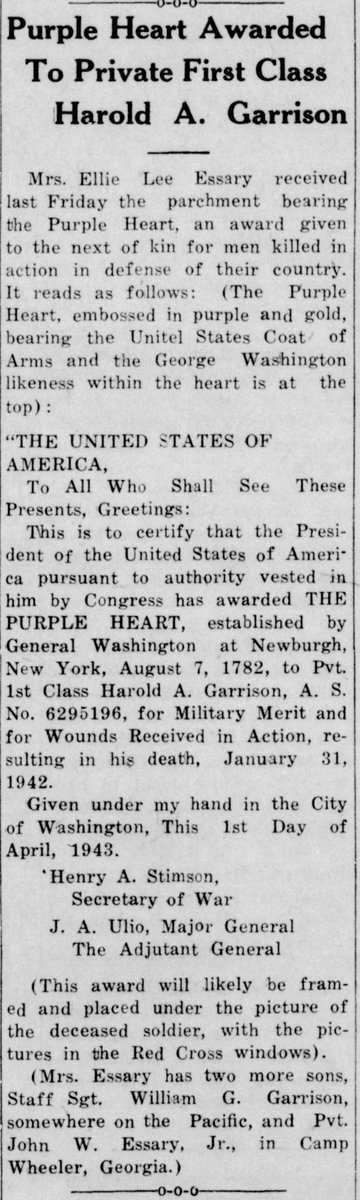WW2Researcher's tweet photo. Private First Class Harold A. Garrison, of Hamlin, Texas, and the 31st Infantry Regiment, was killed in action at Abucay, Bataan, on January 31, 1942, 76 years ago today. #31stInfantryRegiment #WW2inthePhilippines #HamlinTexas @WW2Researcher #WW2 #WWII #FallofBataan https://t.co/zOuXNANNY2