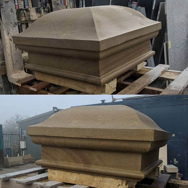 NaturalCutStone's tweet photo. 2 hand carved caps for fitting next week at park house #bespoke #stantonmoore #stantonmoor #stonemasonry #handcarved #pillarcaps #caps https://t.co/A8coO5JFua https://t.co/yEMyw79w2G