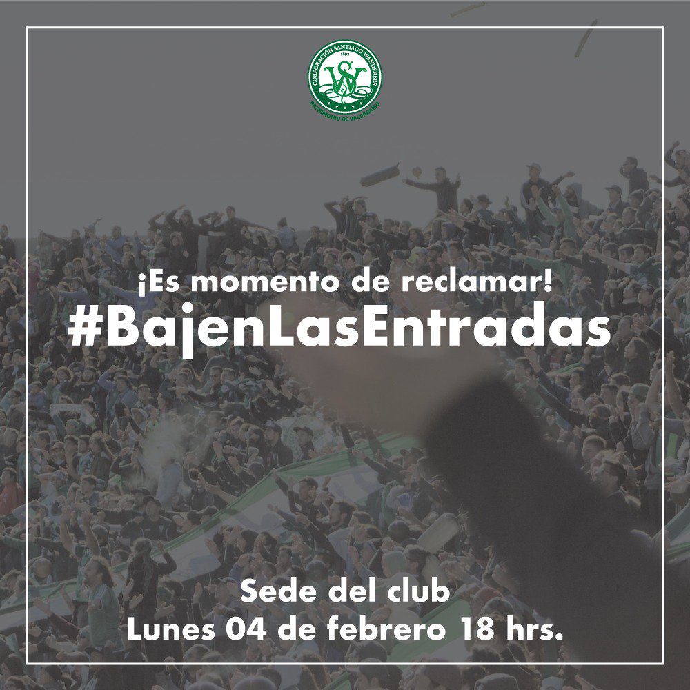 CON TODAS NUESTRAS FUERZAS, INSISTIREMOS EN QUE #BAJENLASENTRADAS.
Por esa razón, invitamos a socios e hinchas a concentrarnos este Lunes 4 de febrero, a las 18.00 hrs en la Sede #SWanderers, para coordinar una manifestación frente la injusta medida de la SADP.
