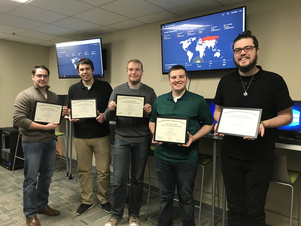 TreyClark3rd's tweet photo. Our first cohort of #Cyber Apprentices have graduated from the #apprenticeship program. Here they are with their certificates in the Cyber Learning Lab. They are now supporting our operation as Analysts, Engineers, &amp; Compliance Officers. #NewCollarJobs #IBMApprenticeships #IBM https://t.co/w4SMJaxhvU