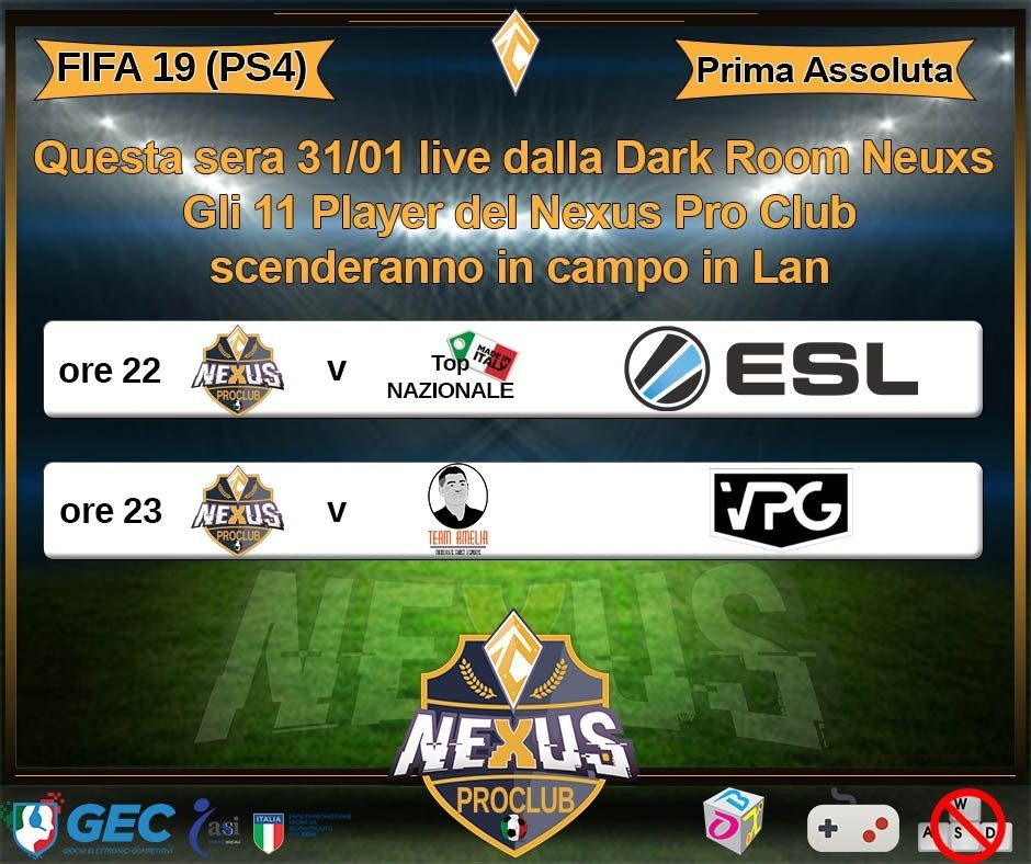 NexusProClub's tweet photo. Ci Siamo è giunto il momento tanto atteso la prima live di una squadra Pro Club schierata in una sola sala, questa sera nella nostra sala dark del @Nexus_eSports_ di Aversa, giocheremo in @VPG_Italy e @ESLFIFA contro #TopNazionale e @MemoriesGhost . https://t.co/6vqTvce0xa